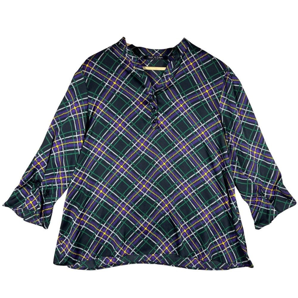RETRO Violet & Claire L Plaid Print 3/4 Sleeve Blouse Top Career Casual Flowy‎